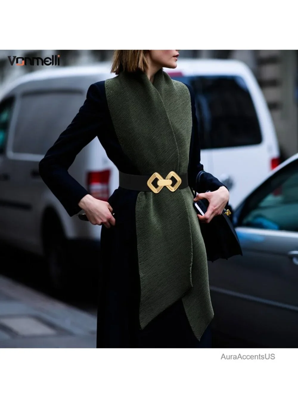 Wide Elastic Stretch Belt with Vintage Gold Buckle for Dresses